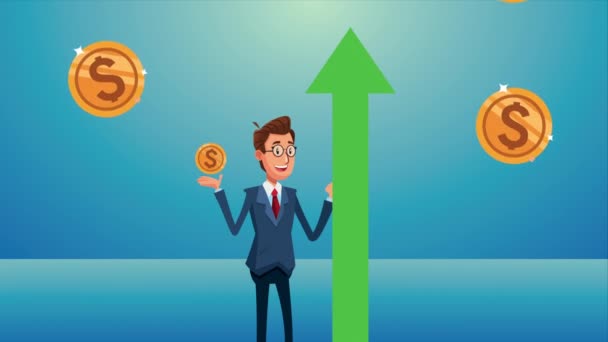 Elegant businnessman with arrow up and coins character animated Stock Video