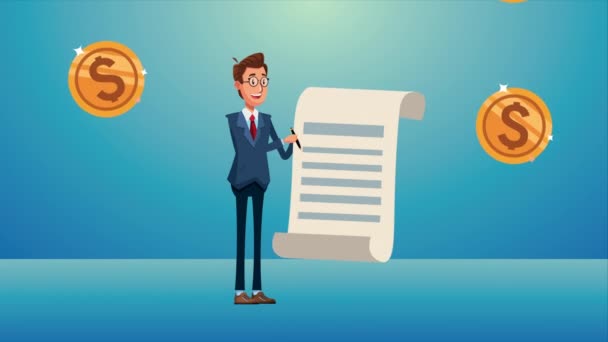 Элегантный бизнесмен с анимированным характером документа и монет — стоковое видео