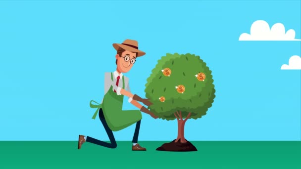 Элегантный садовник бизнесмен с анимированным персонажем дерева монет — стоковое видео