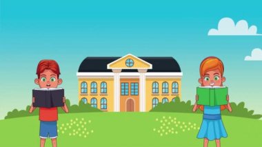 Okulda kitap okuyan küçük öğrenciler çizgi film karakterleri.