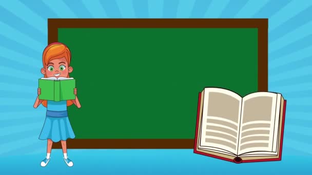Mała uczennica czytanie książki i kreda animowana postać — Wideo stockowe