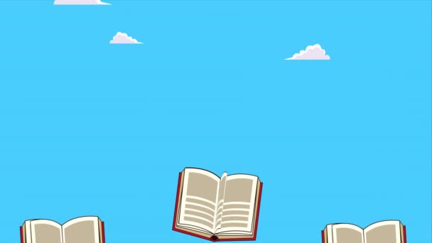 Lehrbücher öffnen Literaturmuster in Himmel-Hintergrund-Animation — Stockvideo