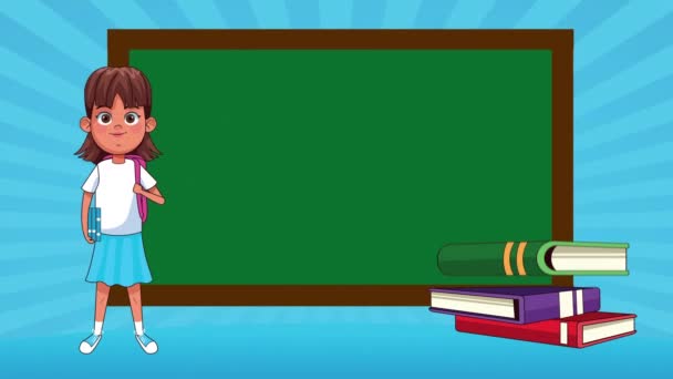 Little student girl reading books and chalkboard animated character — Stock Video