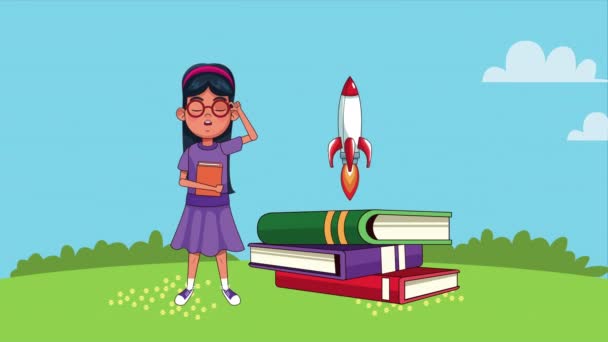 Petite étudiante fille lecture de livres et fusée personnage animé — Video