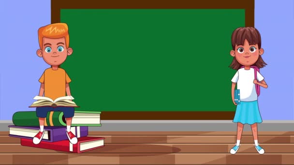 Žáci děti čtení knih v učebně animované postavy — Stock video