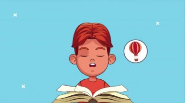 Fantezi simgeleriyle kitap okuyan küçük bir öğrenci.