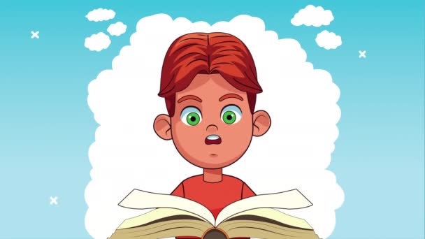 Маленький студент читает книгу анимированный персонаж — стоковое видео