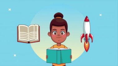 Afro küçük kız roket animasyon karakterli kitap okuyor.