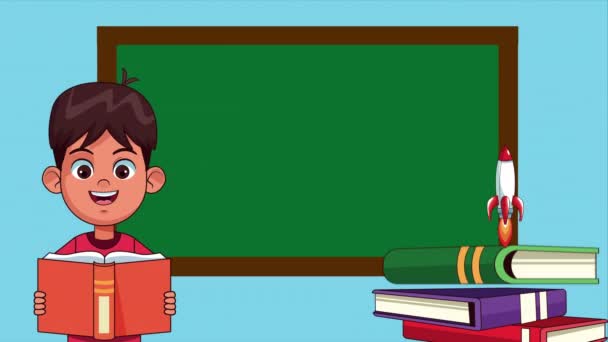 Маленький студент читает книгу с ракетой в классе анимированный персонаж — стоковое видео