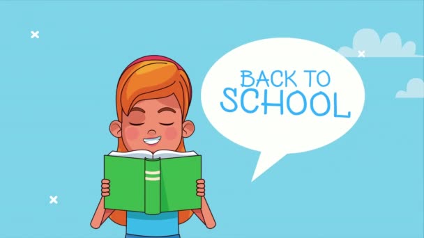 Pequena estudante leitura livro com bolha de fala personagem animado — Vídeo de Stock