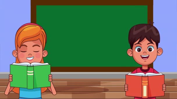 Kleine Schüler Kinder lesen Bücher im Klassenzimmer animierte Charaktere — Stockvideo