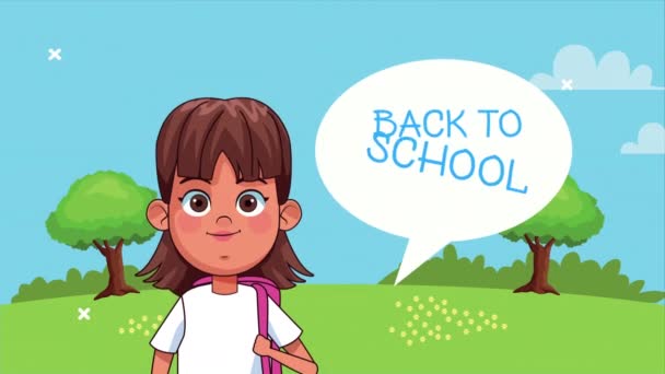 Piccolo studente ragazza lettura libro con discorso bolla nel parco personaggio animato — Video Stock