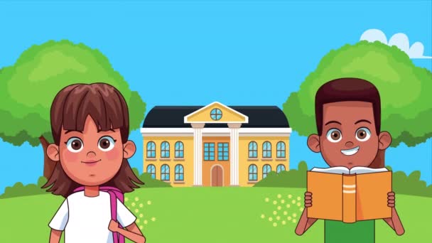 Маленькие дети читают книги в школе анимированных персонажей — стоковое видео