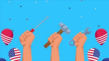 Mutlu İşçi Bayramı kutlamaları. El kaldırma araçları ve balonlarda Amerikan bayrağı. Helyum.