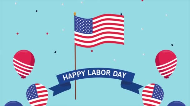 Felice festa del giorno del lavoro con bandiera USA ed elio palloncini — Video Stock