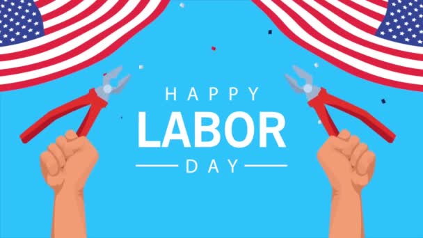 Happy labor day celebration with usa flag and hands lifting tools — стоковое видео