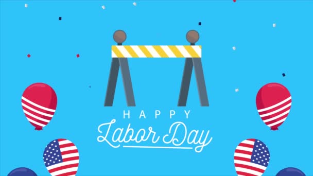 Balonlarla, helyum ve inşaat çitleriyle Amerika bayrağıyla mutlu işçi bayramı kutlamaları. — Stok video