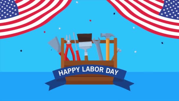 Felice festa del giorno del lavoro con bandiera USA e cassetta degli attrezzi — Video Stock