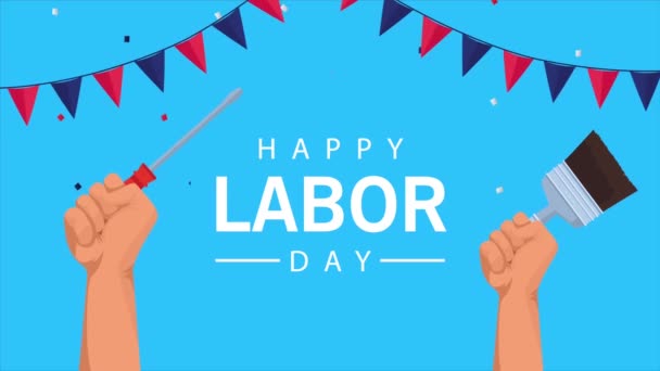 Feliz celebración del día del trabajo con herramientas de levantamiento de manos y guirnaldas — Vídeo de stock