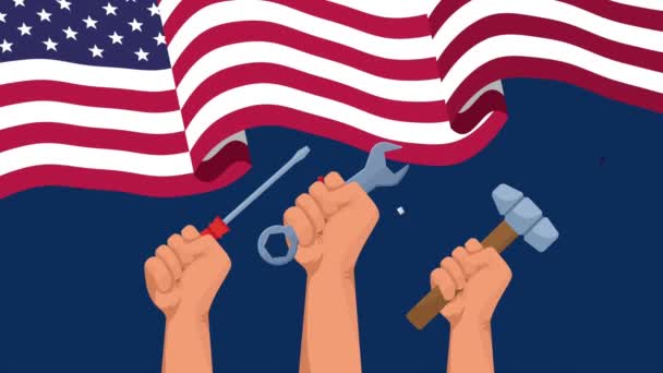 Feliz celebración del día del trabajo con bandera de EE.UU. y herramientas de levantamiento de manos — Vídeos de Stock