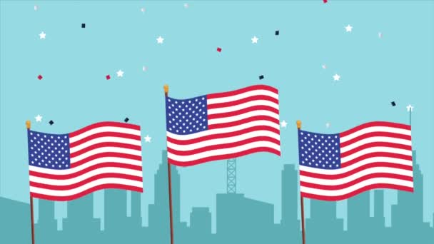 Etats-Unis drapeaux et paysage urbain scène animation — Video