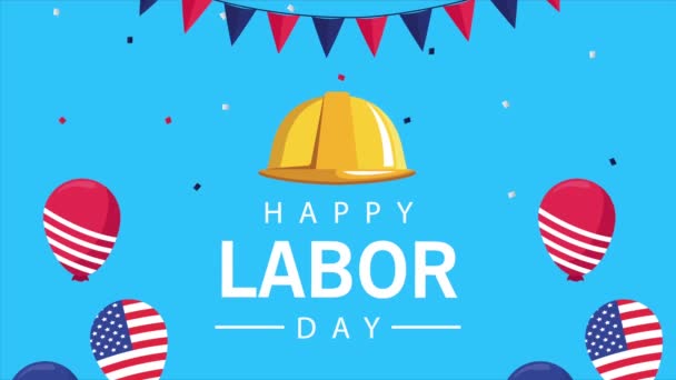 Felice festa del giorno del lavoro con bandiera degli Stati Uniti in palloncini elio e costruzione del casco — Video Stock
