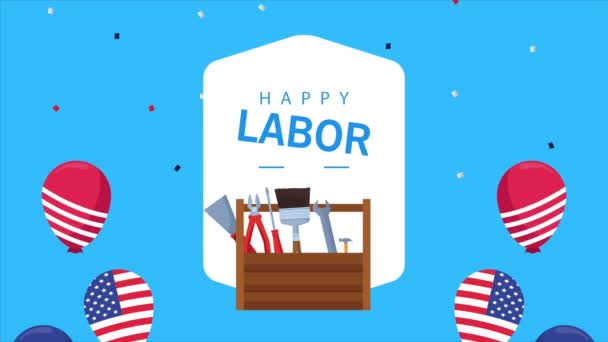 Boldog munkanap ünneplés szerszámosláda és USA zászló léggömbök hélium — Stock videók