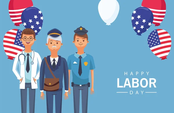 Šťastný svátek práce oslava s pracovníky balóny helium — Stockový vektor