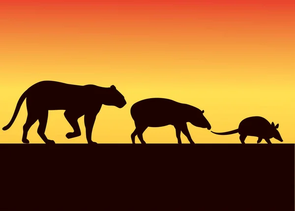 Grupo de animais silvestres silhuetas na paisagem do pôr do sol —  Vetores de Stock