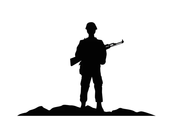 Soldado militar com silhueta de fuzil no acampamento — Vetor de Stock