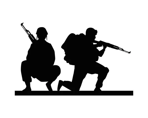 Dos soldados siluetas militares figuras — Vector de stock