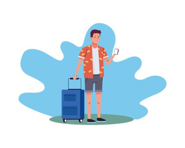 Bavullu genç turist akıllı telefon karakteri kullanıyor.