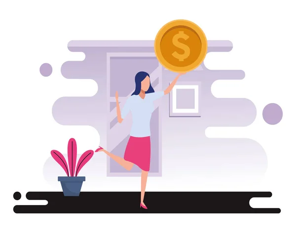 Young business woman lifting coin money dollar avatar character — Stock Vector