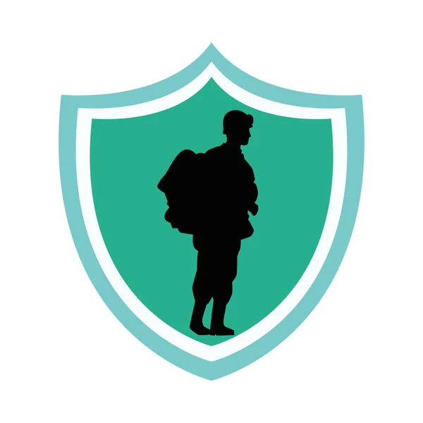 Soldat militaire debout silhouette dans le bouclier — Image vectorielle