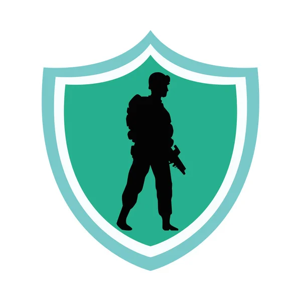 Soldat steht Silhouette in Schild — Stockvektor