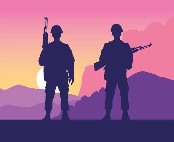 Figure di soldati sagome sulla scena del tramonto — Vettoriale Stock