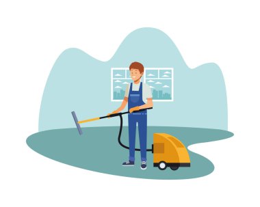 Elektrik süpürgesiyle temizlikçi erkek.