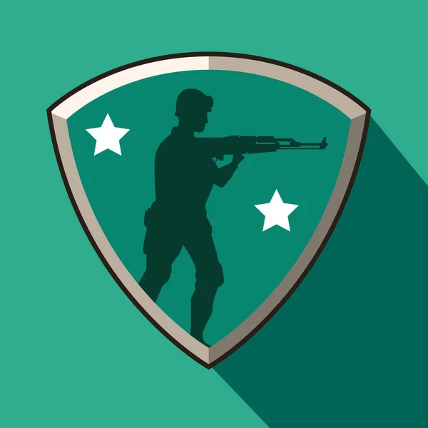 Soldado con silueta de figura de rifle en escudo — Vector de stock