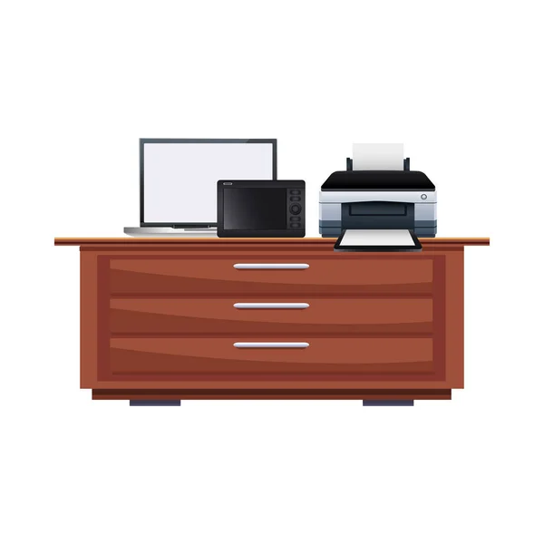 Hardware tiskárny a fotoaparát s notebookem v dřevěné zásuvce — Stockový vektor