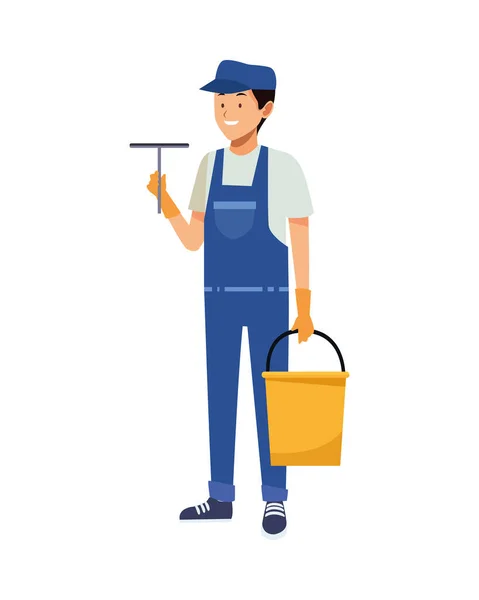 Limpeza trabalhador masculino com escova de vidro limpo e balde — Vetor de Stock