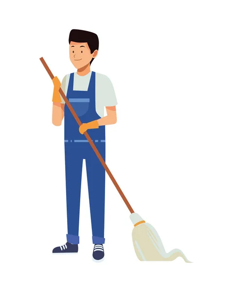 Limpeza trabalhador masculino com ferramenta esfregona —  Vetores de Stock