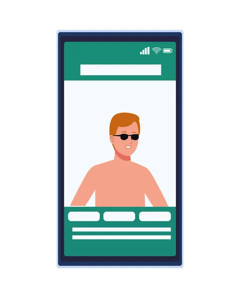 Hombre vistiendo traje de playa con gafas de sol en smartphone — Vector de stock