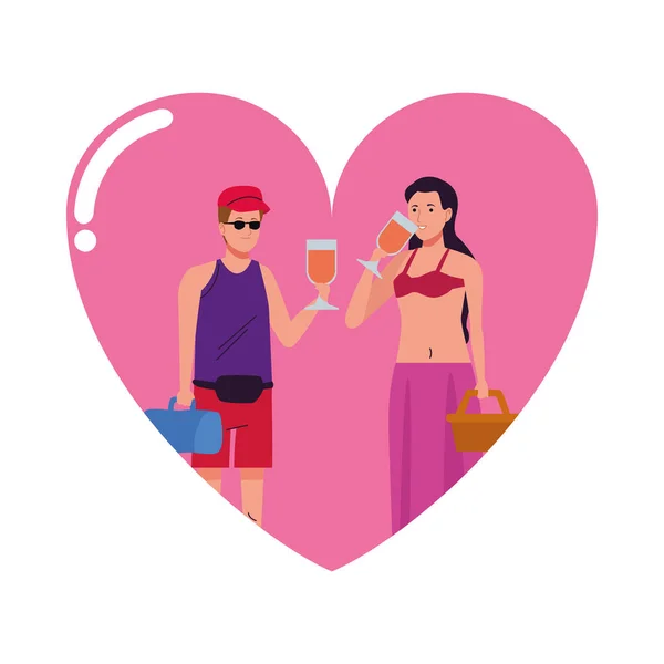 Jovem casal vestindo ternos de praia beber coquetéis no coração —  Vetores de Stock