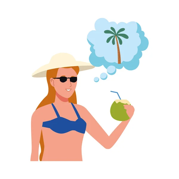 Young woman wearing swimsuit drinking coconut cocktail thinking in palm — Stock Vector
