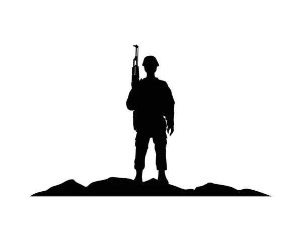 Soldat militaire avec silhouette de fusil dans le camp — Image vectorielle