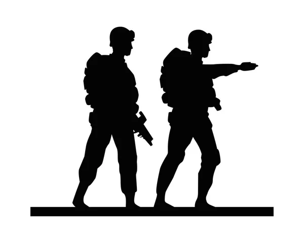 Twee soldaten militaire silhouetten figuren — Stockvector