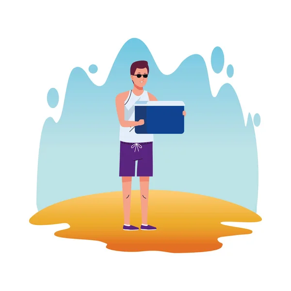 Hombre vistiendo traje de playa con carácter de nevera caja — Vector de stock