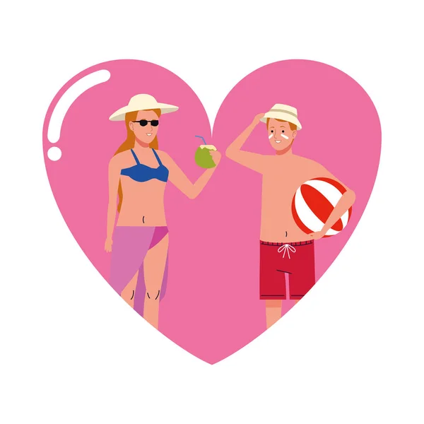 Jovem casal vestindo ternos de praia com balão de praia e coco no coração —  Vetores de Stock