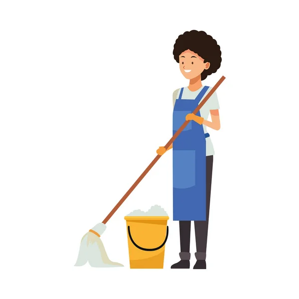 Домогосподарка жінка працівник з мопедом і відром — стоковий вектор