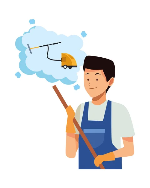 Housekeeping male worker with broom thinking in vacuum cleaner — Stock Vector